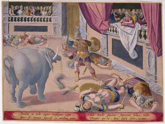 Hannibal (247-ca.183 v. Chr.) lässt besiegte Römer gegeneinander kämpfen, Platte 7 aus 
